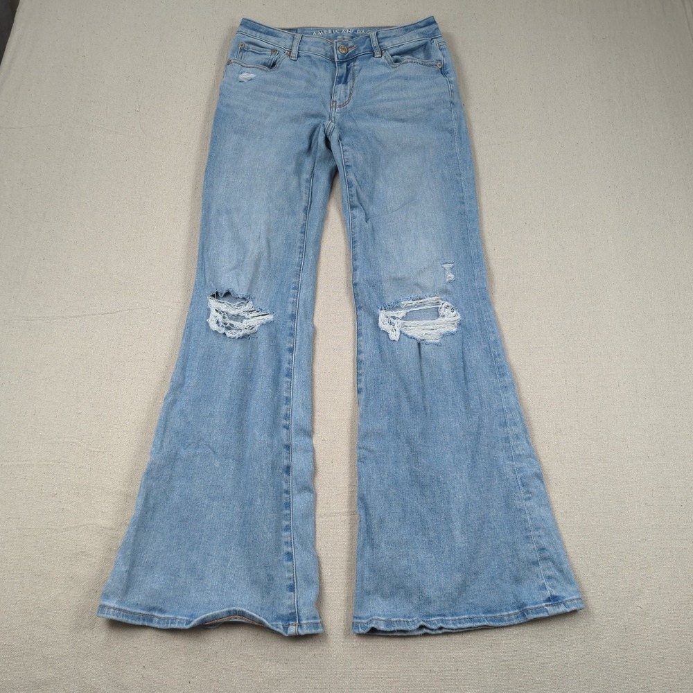 American Eagle Jeans Womens 00 Blue Low Rise Flare Stretch Disterssed Light Wash